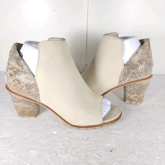 Sorel Women's Nadia US7 Beige Leather Snakeskin Embossed Peep Toe Ankle Booties - Picture 7 of 16